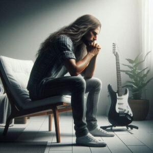 motivation to practice guitar-Image of a long haired guitarist in deep thought with a guitar on a stand next to him