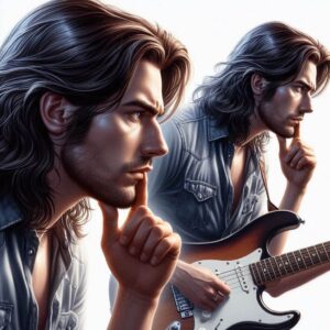 how to overcome stage fright with-Image of a long haired guitarist reflecting 