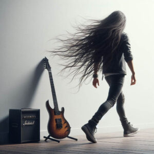 motivation to practice guitar-Image of a long haired guitarist with a guitar walking away