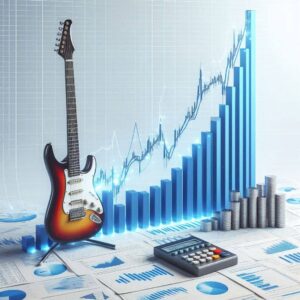 signature electric guitars-An image of a business chart with a a upward growth and a guitar at the front of the chart