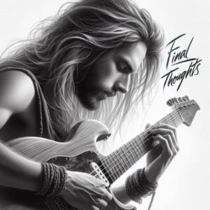 signature electric guitars-An image of a long hair guitarist playing his instrument and the words "Final Thoughts"