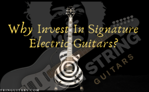 signature electric guitars- Feature image of blog post with a black background and a Zakk Wylde Signature Les Paul