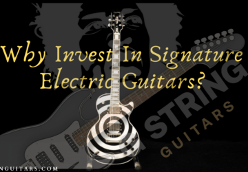 signature electric guitars- Feature image of blog post with a black background and a Zakk Wylde Signature Les Paul