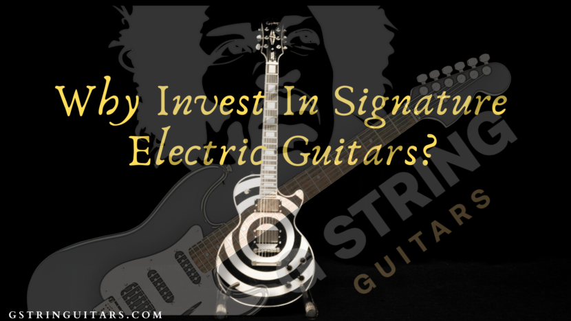 signature electric guitars- Feature image of blog post with a black background and a Zakk Wylde Signature Les Paul