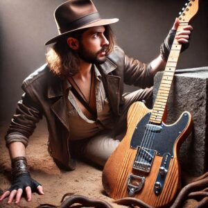 signature electric guitars-An image of Guitarist dressed as Indiana Jones with a rare guitar in his hands