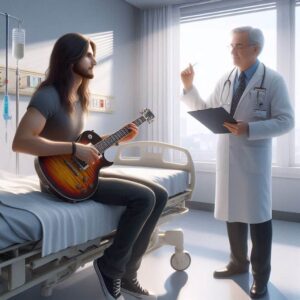 guitar popular- an image of the a long hair guitarist in a hospital room with holding a guitar and being seem by a doctor