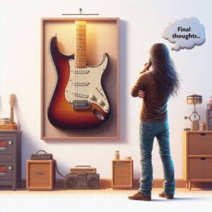 guitar popular- an image of a long hair guitarist looking a guitar on a wall with Final Thoughts in a thought bubble