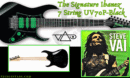 Ibanez Steve Vai 7 String- Feature image of the full guitar front and back with an image of the artist and his logo