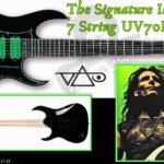 Ibanez Steve Vai 7 String- Feature image of the full guitar front and back with an image of the artist and his logo