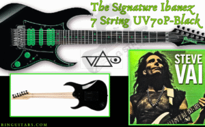 Ibanez Steve Vai 7 String- Feature image of the full guitar front and back with an image of the artist and his logo