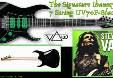 Ibanez Steve Vai 7 String- Feature image of the full guitar front and back with an image of the artist and his logo
