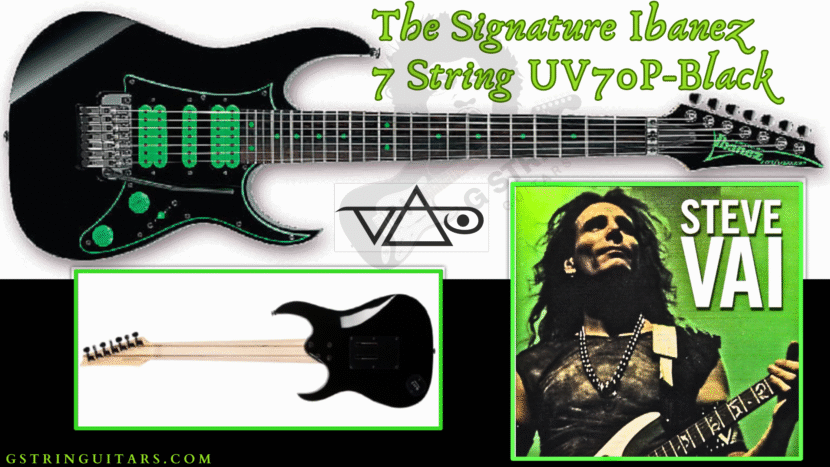 Ibanez Steve Vai 7 String- Feature image of the full guitar front and back with an image of the artist and his logo