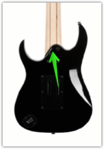 Ibanez Steve Vai 7 string-Image of the Ibanez Universe UV7OP BK Neck Joint from behind the Guitar