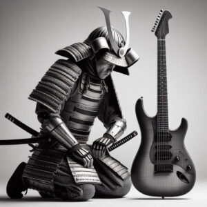 How To Apply Kaizen To Guitar Practice - image of a Samurai kneeling down next to a electric guitar in full armor.