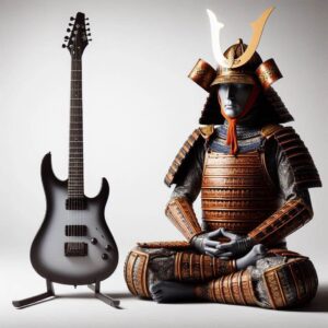 How To Apply Kaizen To Guitar Practice - An image of samurai meditating next to a electric guitar on a stand.