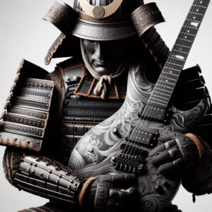 How To Apply Kaizen To Guitar Practice - an image of a samurai in full armor hugging an electric guitar