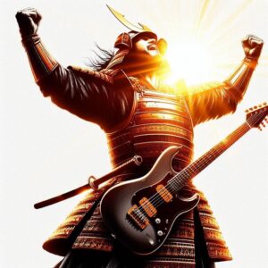 How To Apply Kaizen To Guitar Practice - an image of a samurai in full armor with a guitar strapped on throwing his hands in the air with success