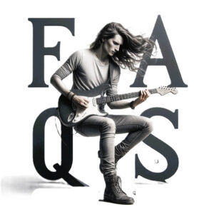 Baritone Electric Guitar - An Image of a a long haired guitarist playing an Electric Guitar behind the words FAQS Baritone Electric Guitar - An Image of a a long haired guitarist playing an Electric Guitar behind the words FAQS