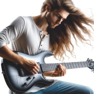 Baritone Electric Guitar - An Image of a a long haired guitarist playing an Electric Guitar Baritone Electric Guitar - An Image of a a long haired guitarist playing an Electric Guitar
